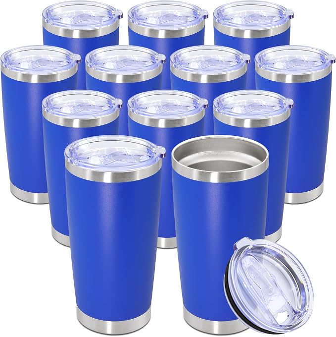20oz Tumbler Bulk Stainless Steel Tumbler Cup with Lid Vacuum Insulated Double Wall Travel Mug, Durable Powder Coated Travel Coffee Tumbler Mug for Hot & Cold Drinks, Dark Blue,12 Pack by AUWBON