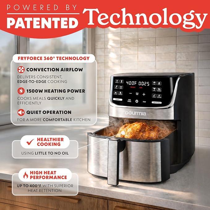 Gourmia Air Fryer - 7 Qt Capacity, LED Display, 12 One-Touch Presets, FryForce 360° Technology, Nonstick Dishwasher-Safe Basket & Crisper Tray, Stainless Steel - Image 4