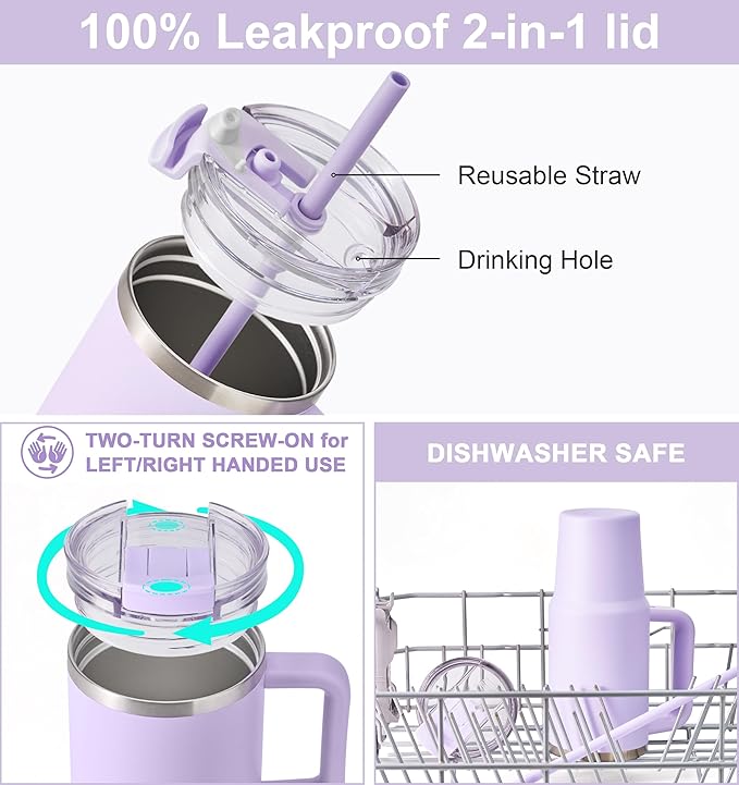 SUNWILL Coffee Tumbler with Handle, 30 oz Travel Mug with Lid and Straw Insulated, Stainless Steel Cup Leak Proof for Travel & Outdoor, Cupholder Friendly, Powder Coated Orchid - Image 4