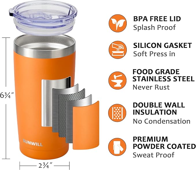 SUNWILL Travel Coffee Tumbler 20 oz, Insulated Mug with Lid, Stainless Steel Cup for Hot and Cold Drinks, Powder Coated Orange - Image 2