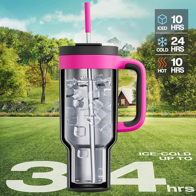 POWCAN 40 oz Tumbler with Handle, 2-in-1 Straw and Sip Lid, Leakproof, Dishwasher Safe, Insulated Stainless Steel Travel Coffee Mug, Keeps Cold for 34 Hours, Fits in Car Cup Holder (Berry) - Image 2