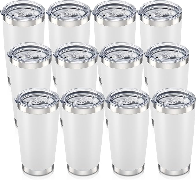 20 oz Tumbler with Lid Stainless Steel Insulated Tumblers Bulk Double Wall Vacuum Cups Powder Coated Travel Mug Keep Drinks Cold and Hot, White, 12 Pack by Orebigo
