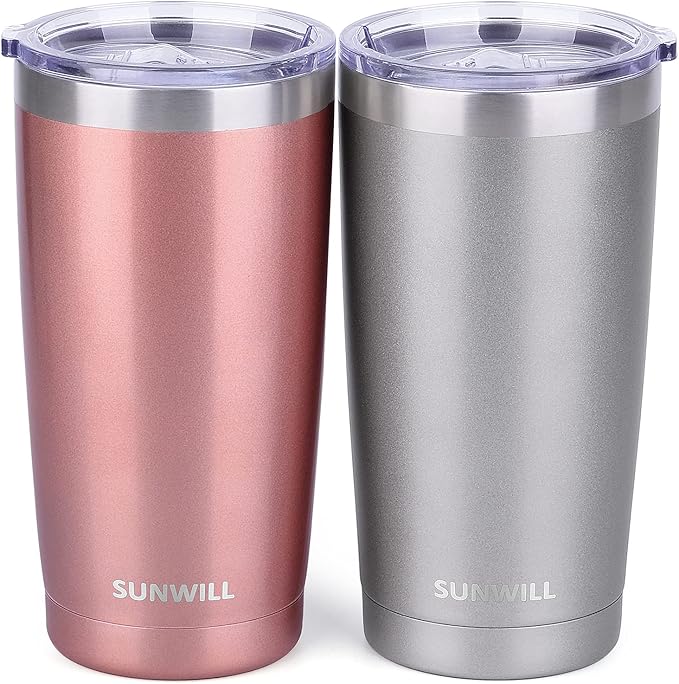 SUNWILL Travel Coffee Mug Set of 2, 20 oz Tumbler with Lid, Insulated Stainless Steel Cup for Water, Tea, Ice, Rose Gold & Cool Grey by SUNWILL