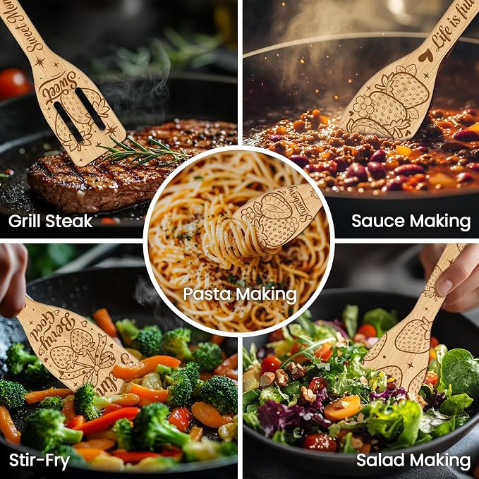 CUTHOLLOW 6PCS Strawberries and Flowers Wooden Kitchen Cooking Utensil Set - Image 4