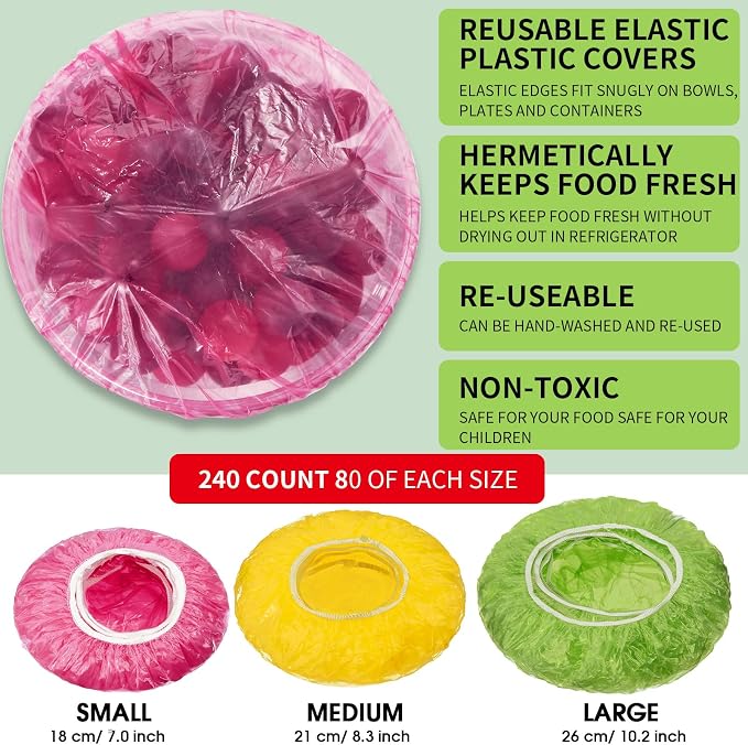 Boao 240 Pieces Reusable Elastic Food Bowl Storage Covers 3 Size Colorful Bowl - Image 3