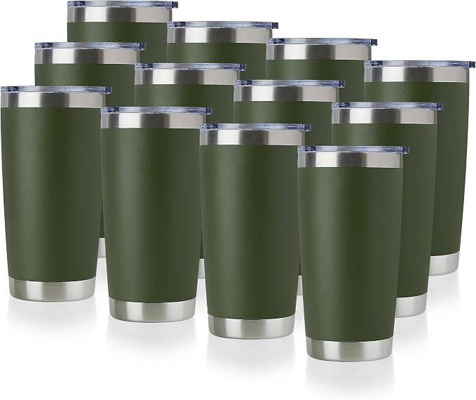 DOMICARE 20oz Stainless Steel Tumbler Bulk with Lid, Double Wall Vacuum Insulated Travel Mug, Powder Coated Coffee Cup, Army Green, 12 Pack by VisittheDOMICARE