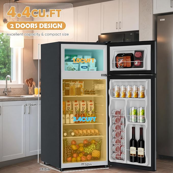 4.4 Cu.Ft Mini Fridge Freezer for Dorm/Office, 2-Door, Quiet | 4.4 cu ft mini fridge with separate freezer, quiet 38dB for sleep, 7-level thermostat, adj shelves, for dorm/office/kitchen. - Image 2