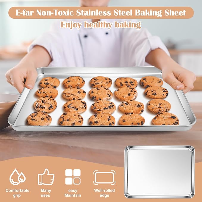 E-far Baking Sheets Set of 3, 16” x12” x 1” Stainless Steel Cookie Sheets Pans - Image 6