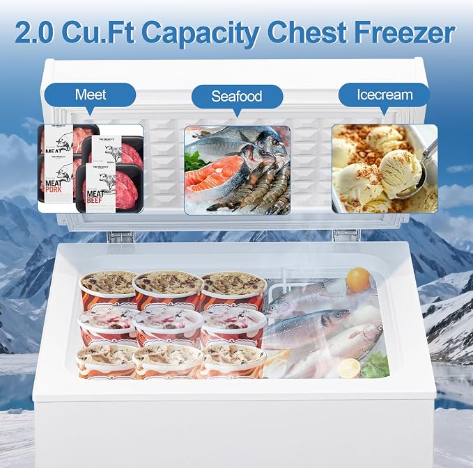 Erivess 2.0 Cu Ft Compact Chest Freezer, Mini Deep Freezer 7 Temp Settings | Energy Saving & Low Noise Free Standing Top open Door Small Freezer, Reversible Door, Removable Shelves, Small freezer, Home - Image 5