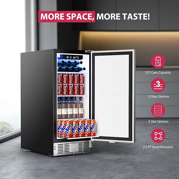 15 Inch Beverage Cooler Under Counter Built-in Beverage Refrigerator,127 Cans Mini Fridge with Glass Removable Shelves for Drink Beer Soda Wine Water - Image 2