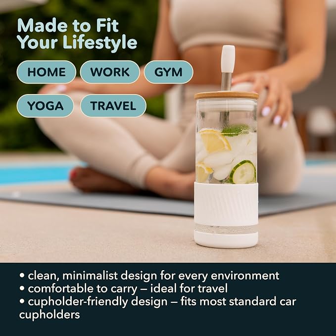 Pandaloo® Glass Cups With Lids and Straws -20 Fl Oz- Perfect Size Iced Coffee Cup - Smoothie Cup With Bamboo Lid and On the go Lid - Glass Tumbler (2 Count (Pack of 1), Amber Sand-Coton White) - Image 6