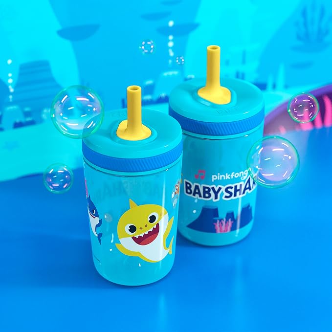 Zak Designs 15oz Baby Shark Kelso Tumbler Set, Leak-Proof Screw-On Lid with Straw Made of Durable Plastic and Silicone, Perfect Bundle for Kids (2pcs Set) - Image 2