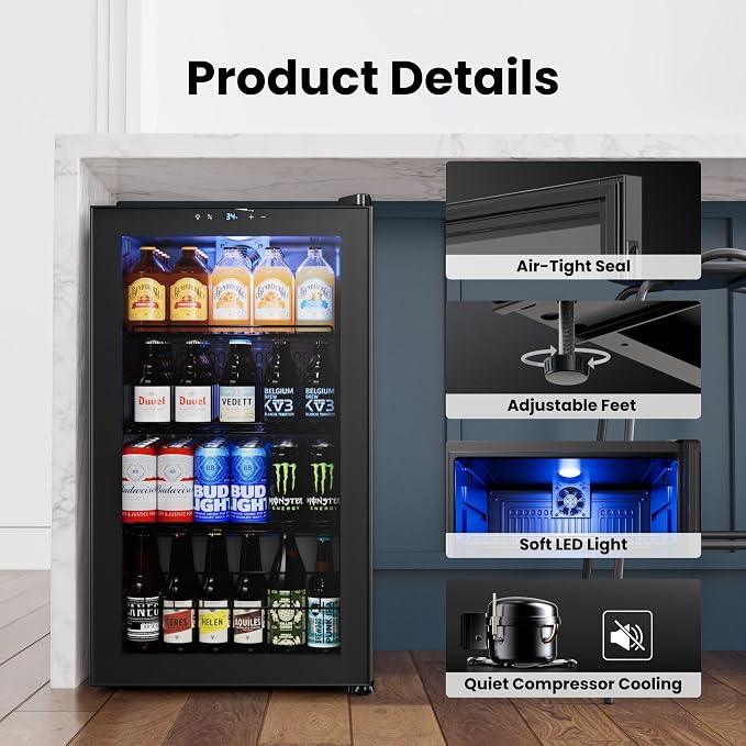 Yeego Beverage Refrigerator Drink Cooler, 130 Cans Mini Fridge | Double-pane Glass Door Cooler, 34°F-54°F Temperature Control, for Soda Wine Beer Home Office Bar, Adjustable Shelves, Black - Image 6