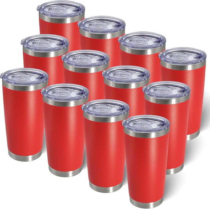 AIANJI 20oz Tumbler Bulk Stainless Steel Tumblers with Lid Vacuum Insulated Double Wall Travel Coffee Mug Powder Coated Tumbler Cup for Hot and Cold Drinks(Red, 12 pack) by AIANJI
