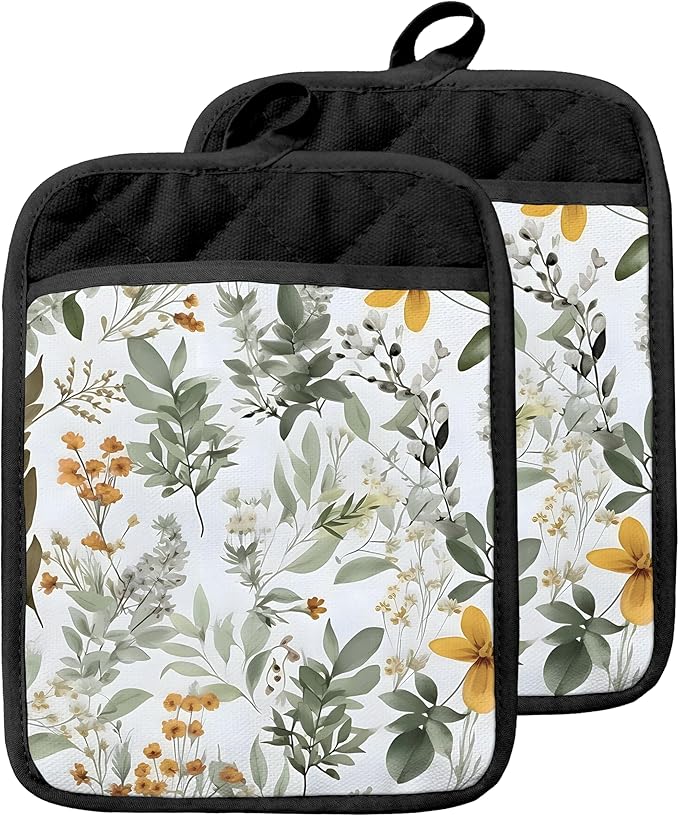 Sage Green Leaf Floral Pot Holders by Unknown