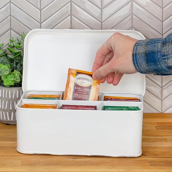 AuldHome Design Farmhouse Tea Bag Box, Vintage Retro Style Enamelware Tea - Image 2