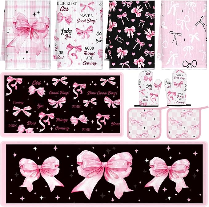 Fourluoo 10 Pcs Bow Kitchen Dish Towels Rugs Oven Mitts and Pot Holders Set by Fourluoo