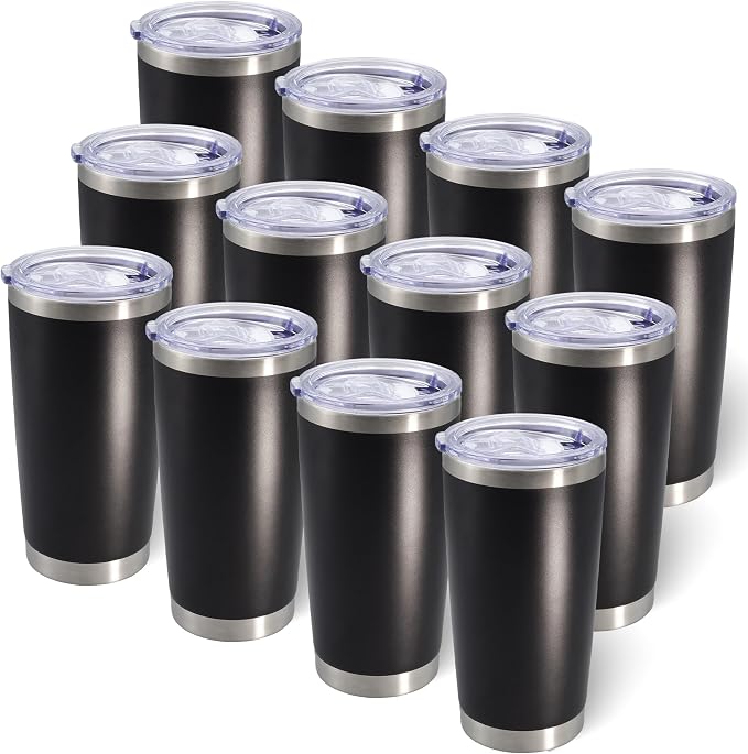 AIANJI 20oz Tumbler Bulk Stainless Steel Tumblers with Lid Vacuum Insulated Double Wall Travel Coffee Mug Powder Coated Tumbler Cup for Hot and Cold Drinks(Black, 12 pack) by AIANJI