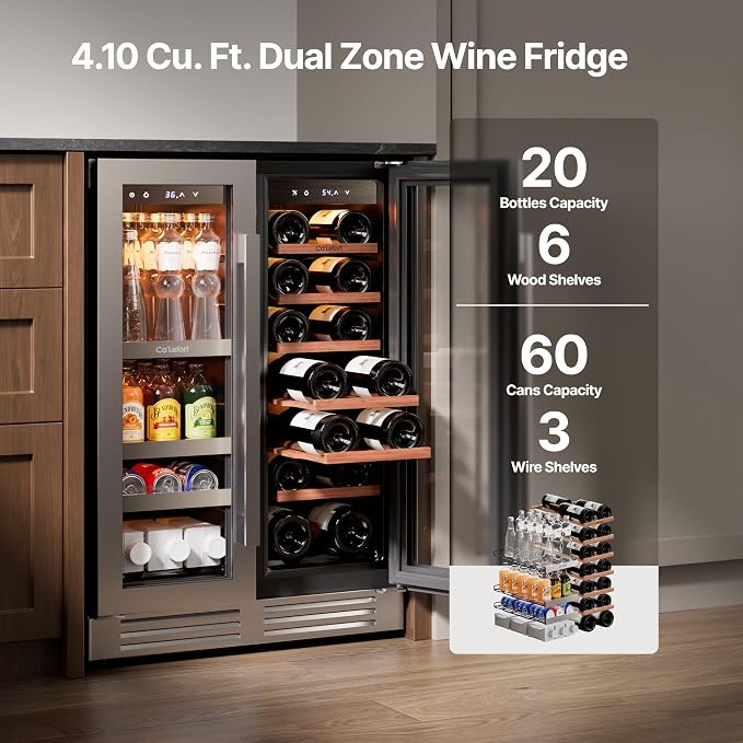 Ca'Lefort 24 Inch Wine & Beverage Refrigerator, 60 Can & 21 Bottle | 36-72°F Touch Control, Dual-Pane Glass Door, Adjustable Shelves, 3 Color LED, Built-In or Under Counter for Home Bar Kitchen - Image 8