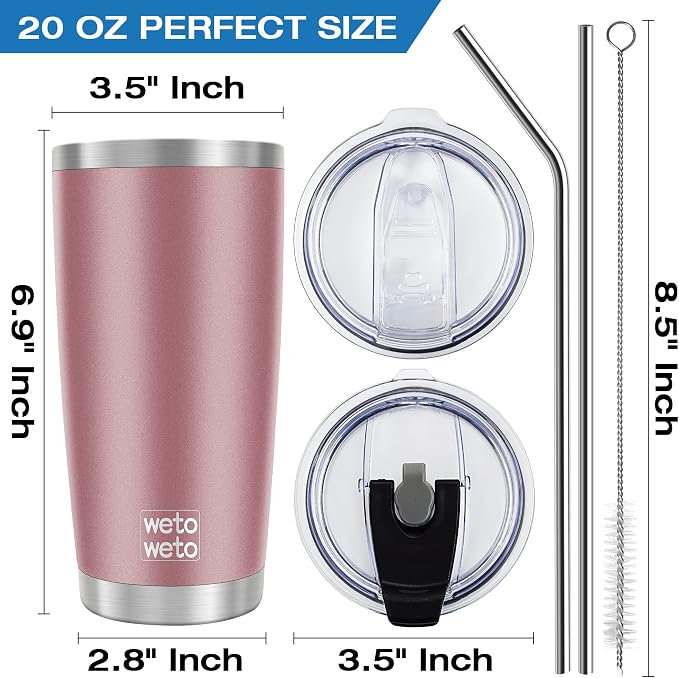 WETOWETO 20oz Insulated Stainless Steel Coffee Mug, Double Wall Vacuum Travel Mug with 2 Lids and 2 Straws, Powder Coated Tumbler Cup (Rose Gold,1) - Image 3