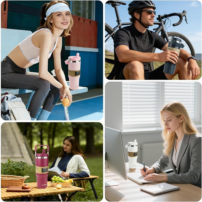 30oz Flip Straw Insulated Water Bottle with Handle, Leak Proof Stainless Steel Travel Tumbler With Lid, Double Wall Vacuum Iced Coffee Travel Mug, Sport Cup, Outside use - Image 8
