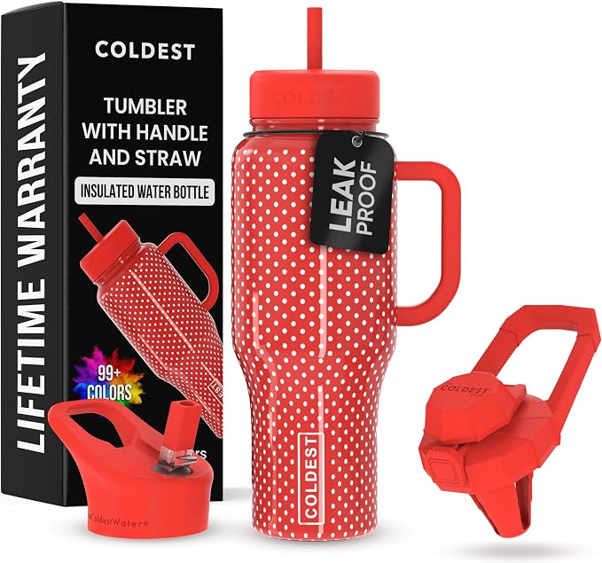 Coldest Tumbler with Handle and Straw - 100% Leak Proof Insulated Tumbler with Lid and Straw (3 Lids) - Stainless Steel Tumblers for Women & Men - Cup Holder Friendly Base, 36 oz (Red Dress) by Coldest
