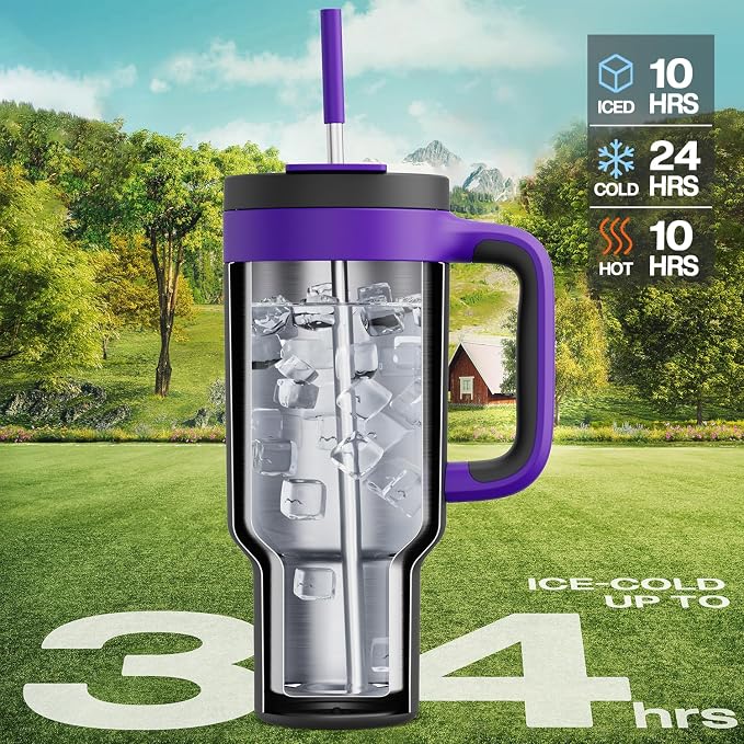 40 oz Tumbler with Handle, 2-in-1 Straw and Sip Lid, Leakproof, Dishwasher Safe, Insulated Stainless Steel Travel Coffee Mug, Keeps Cold for 34 Hours, Fits in Car Cup Holder (Iris) - Image 2