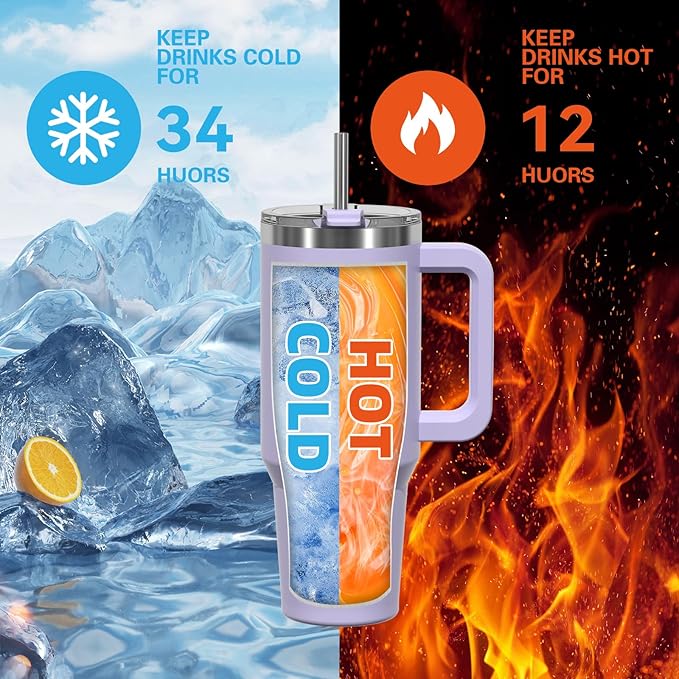 30 oz Tumbler with Handle,Tumbler with Lid and Straw,Double Wall Insulated Cup Stainless Steel Travel Mug(Cold for 34 Hours),Water Bottle for Iced Tea,Coffee,Cold Beverages(Purple) - Image 2
