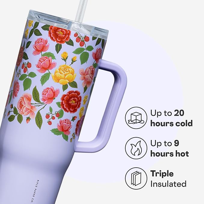 Corkcicle x Rifle Paper Co. Cruiser Insulated Tumbler with Handle & Straw - Keeps Drinks Cold 20 Hours - BPA-Free - Gift for Mom - Great for Mother's Day or Christmas - 40 oz - Roses Purple - Image 3