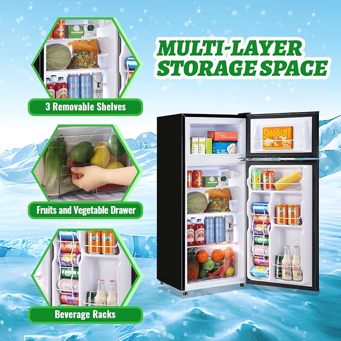 DEMULELR 4.5Cu.ft Small Mini Refrigerator with Freezer Black Two Door Mini Fridge with Crisper Drawer & Extra Drink Space, LED Light, Apartment Size Fridge for Dorm Office 17.5" W x 18.5" D x 43" H - Image 3