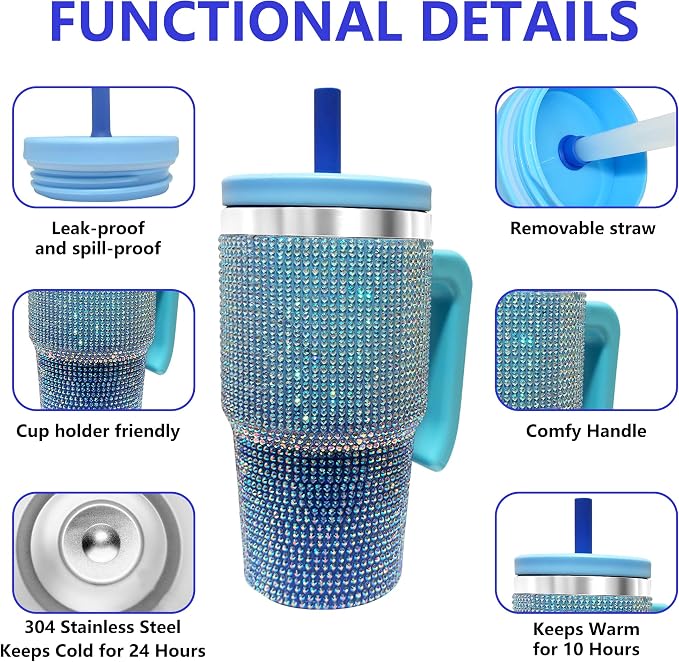 2PCS 20-OZ Insulated Water Bottle,Insulated Stainless Steel Tumbler,Reusable Cold Drink Thermos,BPA-Free, Double-Wall Stainless Steel Water Bottle (Royal Blue - Diamonds, 20, Fluid Ounces) - Image 3