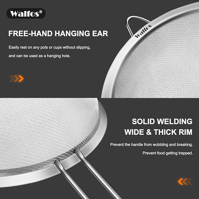 Walfos Extra Fine Mesh Strainer Set of 4-9.35", Stainless Steel 30 Mesh Sieve - Image 3