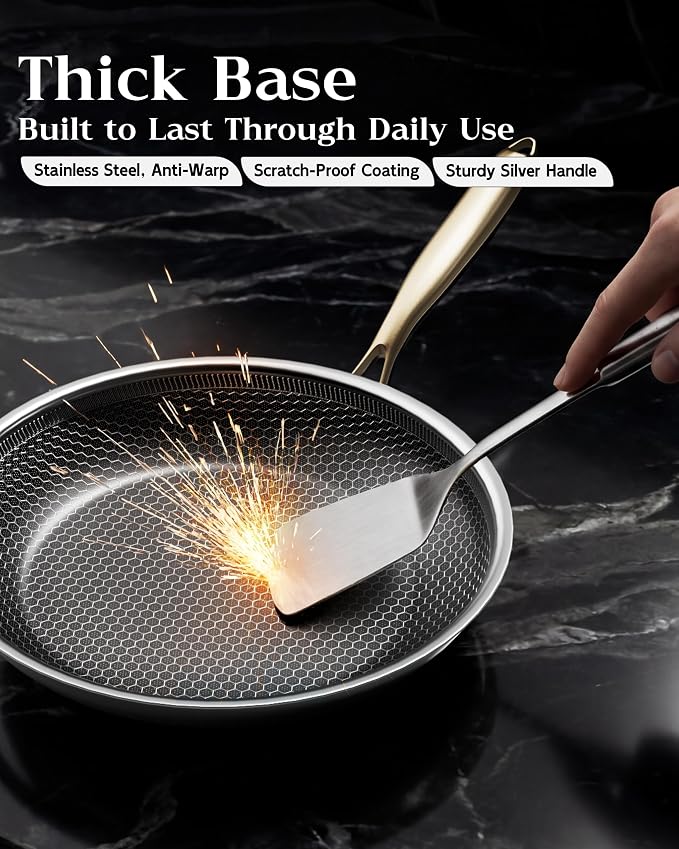 Nonstick Frying Pan Set, 8+10+12 Inch, Honeycomb Stainless Steel Skillet Pans - Image 4