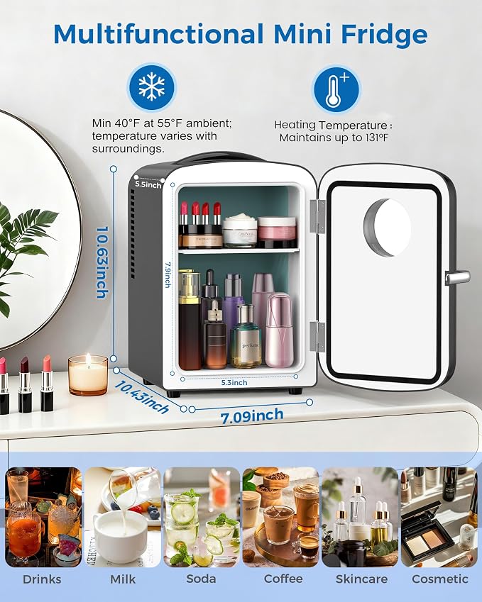 Electactic Mini Fridge for Skincare, 4L/6 Cans Portable Compact Cosmetic Fridge, Desktop Fridge with AC/DC Adapters, Observation Window, Small Cooler and Warmer for Beverage, Makeup, Bedroom, Black - Image 3