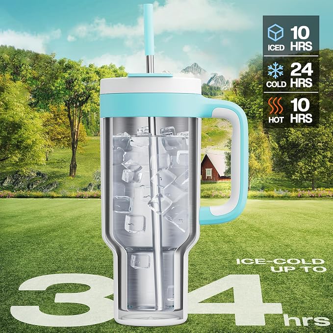 POWCAN 40 oz Tumbler with Handle, 2-in-1 Straw and Sip Lid, Leakproof, Dishwasher Safe, Insulated Stainless Steel Travel Coffee Mug, Keeps Cold for 34 Hours, Fits in Car Cup Holder (Glacier) - Image 2