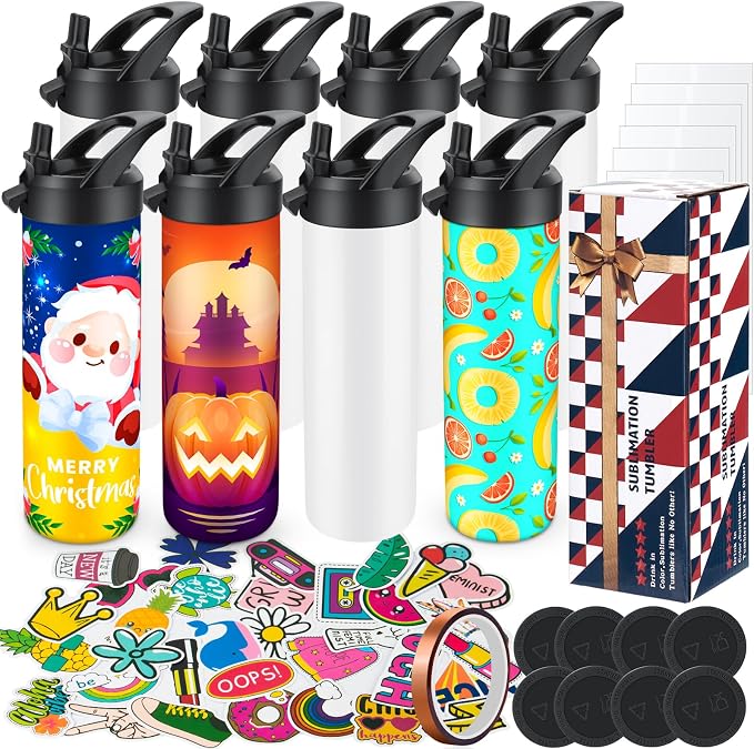 8 Pack 20oz Sublimation Tumbler Set Triple-Insulated Stainless Steel Sports Water Bottle with Straw Lid Blank Sublimation Cup with DIY Stickers, Shrink Wrap, Rubber Base, Heat Tape for Heat Transfer by HEIBERWIND