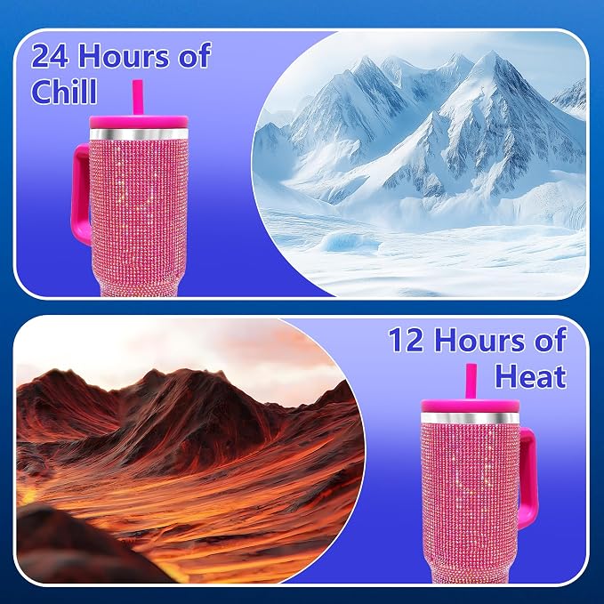 40-OZ Insulated Water Bottle,Insulated Stainless Steel Tumbler,Reusable Cold Drink Thermos,BPA-Free, Double-Wall Stainless Steel Water Bottle (Rose Red-Diamond, 40, Fluid Ounces) - Image 7