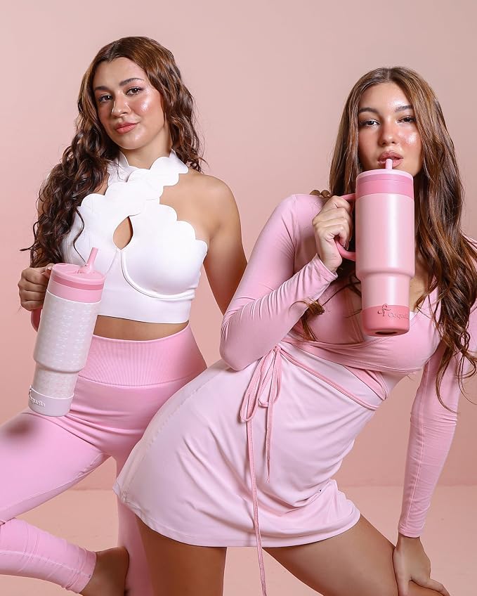 40 oz Insulated Tumbler with Handle and Push-Button Straw Lid, Stainless Steel Travel Cup for Gym Office, Leakproof, BPA-Free, Cup Holder Friendly, Bow Silicone Boot, Pink (Coquette Blush) - Image 9