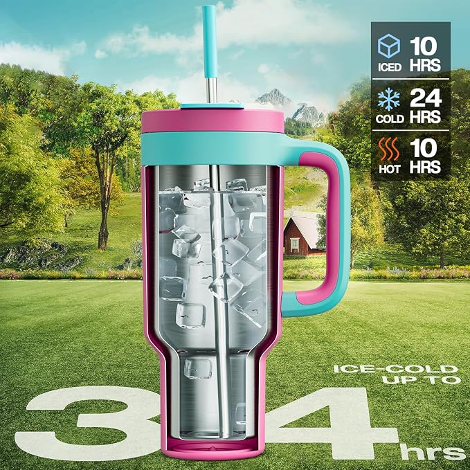 POWCAN 40 oz Tumbler with Handle, 2-in-1 Straw and Sip Lid, Leakproof, Dishwasher Safe, Insulated Stainless Steel Travel Coffee Mug, Keeps Cold for 34 Hours, Fits in Car Cup Holder (Petal) - Image 2