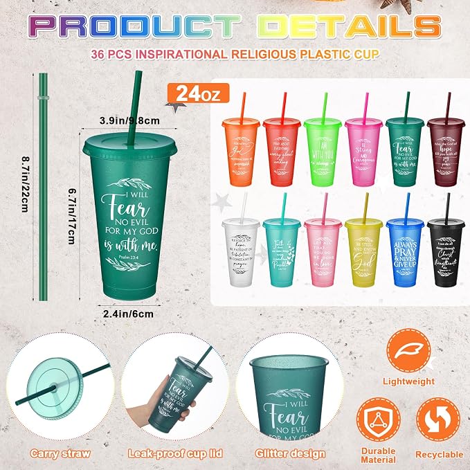 Havawish 36 Pcs Mothers Day Christian Tumbler Gift Bulk Religious Inspirational 24 oz Drinking Jesus Cup with Lid Straw Bible Verse Plastic Cup for Church Father Teacher First Communion (Colour) - Image 2