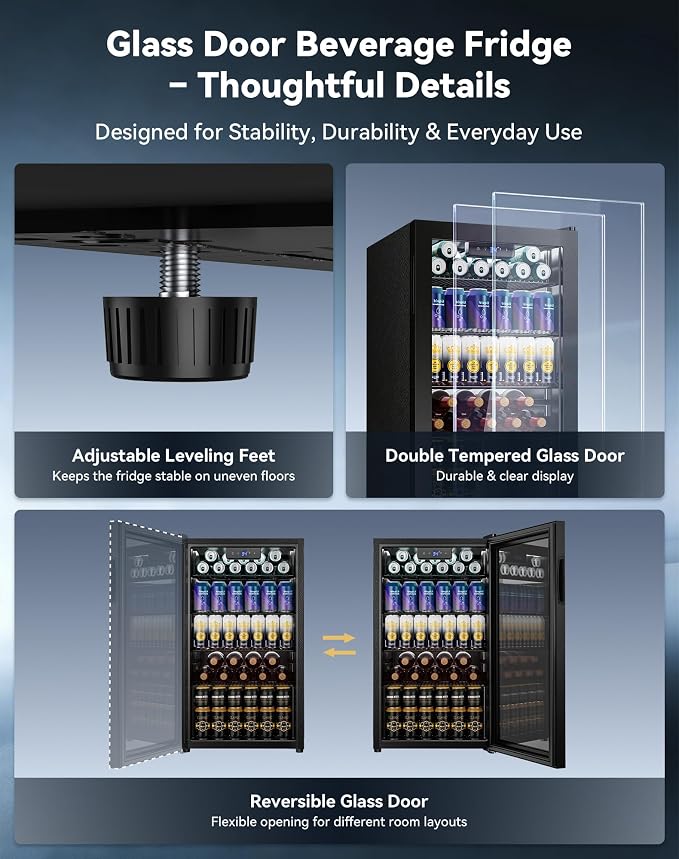 130 Can Beverage Refrigerator, Reversible Door, 3.2 Cu.Ft Drink Cooler | Glass Door, Adjustable Thermostat 34–64°F, Freestanding Beverage Fridge for Soda, Beer & Home Bar - Image 7