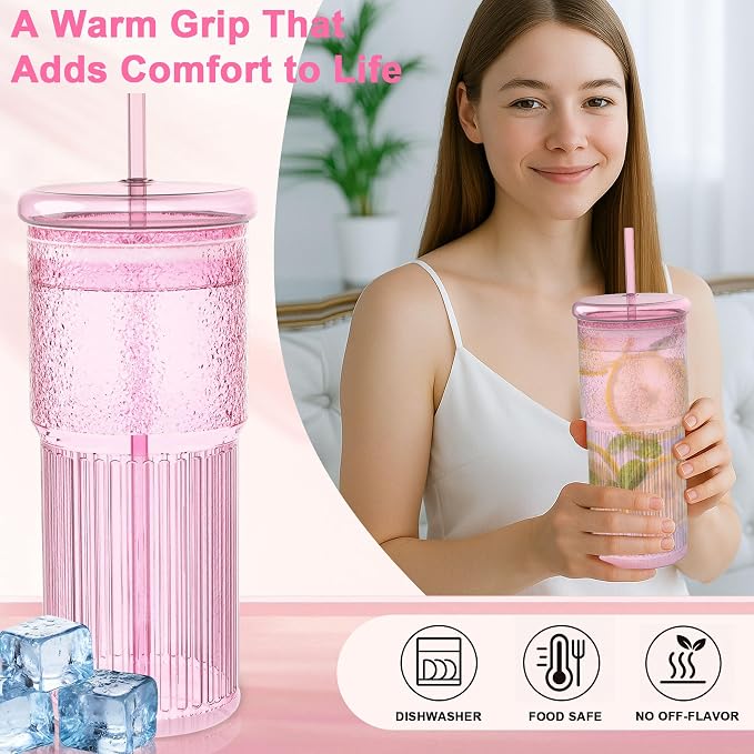 Luiaiog Glass Cups with Lids and Glass Straws, High Borosilicate 20OZ Pink Tumblers (2Pcs) for Coffee, Tea, Juice, Smoothies, Hot & Cold Drinks at Home/Office - Image 3