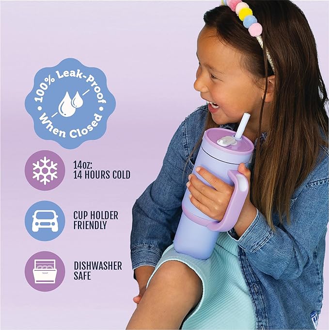 Ello Oasis 14oz Stainless Steel Toddler Tumbler with Handle & Retracting Straw, 100% Leakproof, Double-Wall Vacuum Insulated, Kids Water Bottle for School, BPA Free, Dishwasher Safe, Lavender Fields - Image 3