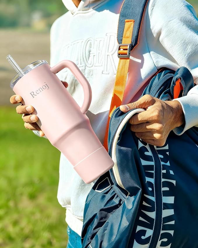Renoj Insulated Mug 100% Spill Resistant Insulated Water Bottle for Iced Coffee & Hot Drinks - Fits Car Cup Holder, Ideal Gift, 2 Straws & Silicone Boot - FlexSlide Light Pink 40 oz - Image 3
