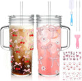 Birity 24oz Pink Bow Glass Cups with Lids and Straws,2 Set Glass Tumbler with Handle,Galss Cup with Stickers and Aesthetic Iced Coffee Cup for Smoothies,Tea,Juice,Boba,Christmas Gifts for Women by 24ozRibbedGlassCup