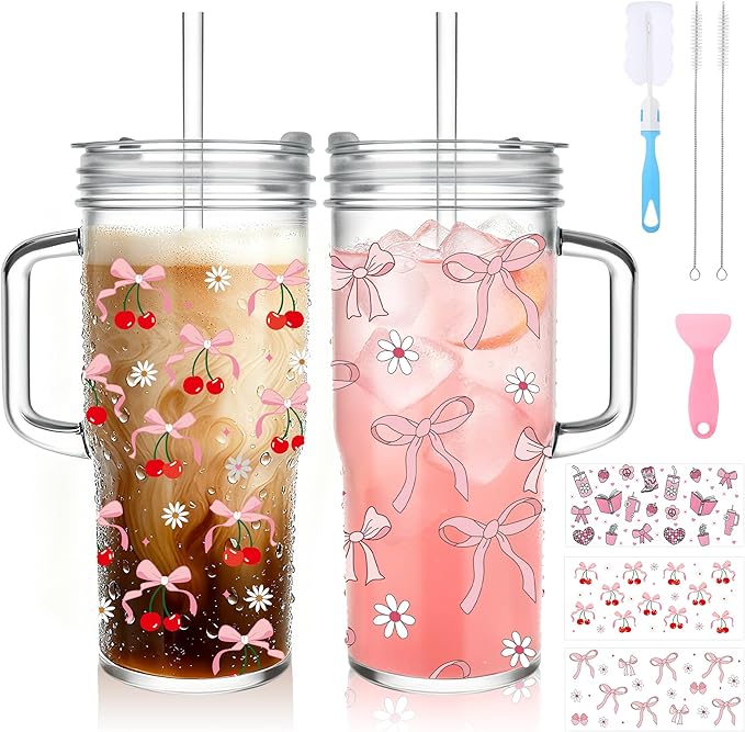 Birity 24oz Pink Bow Glass Cups with Lids and Straws,2 Set Glass Tumbler with Handle,Galss Cup with Stickers and Aesthetic Iced Coffee Cup for Smoothies,Tea,Juice,Boba,Christmas Gifts for Women by 24ozRibbedGlassCup