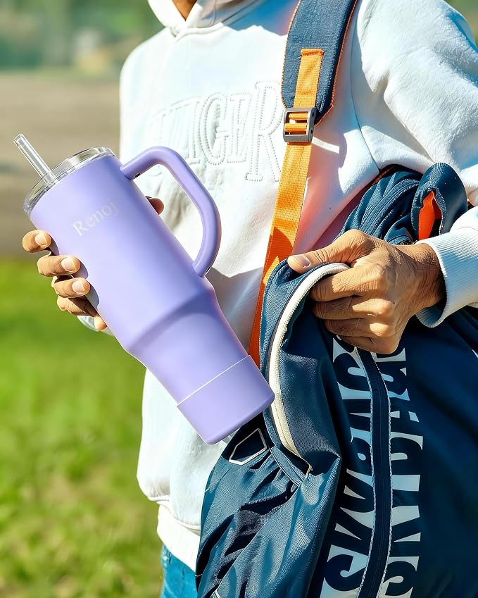 Renoj Insulated Mug 100% Spill Resistant Insulated Water Bottle for Iced Coffee & Hot Drinks - Fits Car Cup Holder, Ideal Gift, 2 Straws & Silicone Boot - FlexSlide Blue 32 oz - Image 3