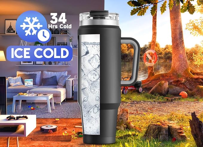 Meoky 40 oz Tumbler with Handle and Straw, Insulated Tumbler with Lid and Straw, Stainless Steel Travel Mug, Keeps Cold for 34 Hours, 100% Leak Proof, Fits in Car Cup Holder (Night) - Image 2