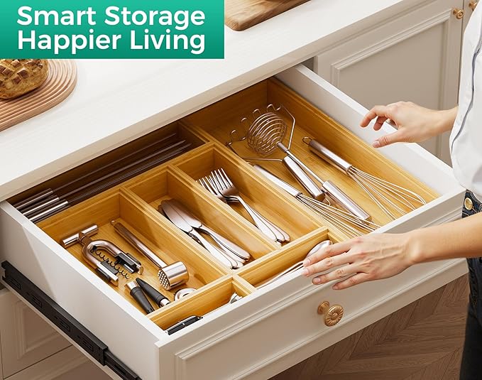 Bamboo Kitchen Drawer Organizer Boxes – 9" x 6" Stackable Wood Silverware - Image 4