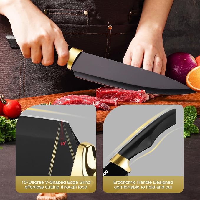 Knife Set With Block, Dishwasher Safe Kitchen Knife Set With Built-In Sharpener - Image 2